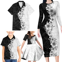 Hawaii Hibiscus Flowers Family Matching Long Sleeve Bodycon Dress and Hawaiian Shirt Grayscale Polynesian Pattern LT05 - Polynesian Pride