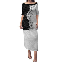 Hawaii Hibiscus Flowers Family Matching Puletasi and Hawaiian Shirt Grayscale Polynesian Pattern