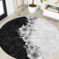 Hawaii Hibiscus Flowers Round Carpet Grayscale Polynesian Pattern
