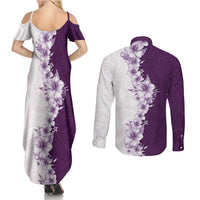 Hawaii Hibiscus Flowers Couples Matching Summer Maxi Dress and Long Sleeve Button Shirt Purple Polynesian Pattern