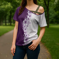 Hawaii Hibiscus Flowers Cross Shoulder Shirt Purple Polynesian Pattern