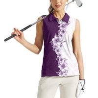 Hawaii Hibiscus Flowers Women Sleeveless Polo Shirt Purple Polynesian Pattern