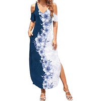 Hawaii Hibiscus Flowers Family Matching Summer Maxi Dress and Hawaiian Shirt Blue Polynesian Pattern LT05 Mom's Dress Blue - Polynesian Pride