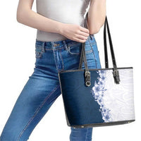 Hawaii Hibiscus Flowers Leather Tote Bag Blue Polynesian Pattern
