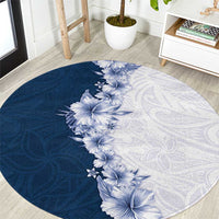 Hawaii Hibiscus Flowers Round Carpet Blue Polynesian Pattern