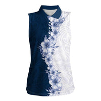 Hawaii Hibiscus Flowers Women Sleeveless Polo Shirt Blue Polynesian Pattern