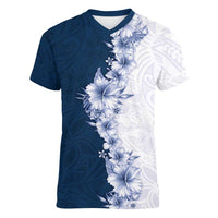 Hawaii Hibiscus Flowers Women V-Neck T-Shirt Blue Polynesian Pattern