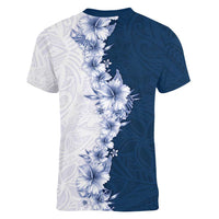 Hawaii Hibiscus Flowers Women V-Neck T-Shirt Blue Polynesian Pattern