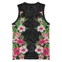 Hawaii Tropical Flowers Basketball Jersey Black Polynesian Tattoo Art