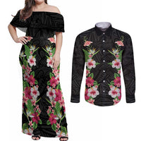 Hawaii Tropical Flowers Couples Matching Off Shoulder Maxi Dress and Long Sleeve Button Shirt Black Polynesian Tattoo Art LT05 Black - Polynesian Pride