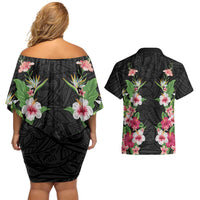 Hawaii Tropical Flowers Couples Matching Off Shoulder Short Dress and Hawaiian Shirt Black Polynesian Tattoo Art LT05 - Polynesian Pride