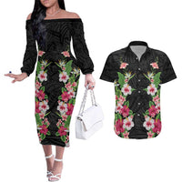 Hawaii Tropical Flowers Couples Matching Off The Shoulder Long Sleeve Dress and Hawaiian Shirt Black Polynesian Tattoo Art LT05 Black - Polynesian Pride