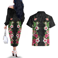 Hawaii Tropical Flowers Couples Matching Off The Shoulder Long Sleeve Dress and Hawaiian Shirt Black Polynesian Tattoo Art LT05 - Polynesian Pride