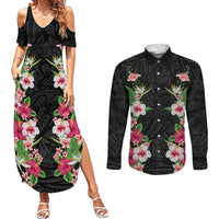 Hawaii Tropical Flowers Couples Matching Summer Maxi Dress and Long Sleeve Button Shirt Black Polynesian Tattoo Art LT05 Black - Polynesian Pride