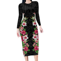 Hawaii Tropical Flowers Family Matching Long Sleeve Bodycon Dress and Hawaiian Shirt Black Polynesian Tattoo Art LT05 Mom's Dress Black - Polynesian Pride