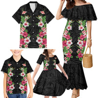 Hawaii Tropical Flowers Family Matching Mermaid Dress and Hawaiian Shirt Black Polynesian Tattoo Art LT05 - Polynesian Pride