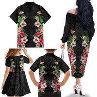 Hawaii Tropical Flowers Family Matching Off The Shoulder Long Sleeve Dress and Hawaiian Shirt Black Polynesian Tattoo Art LT05 - Polynesian Pride