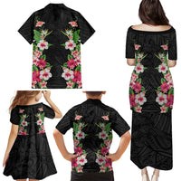 Hawaii Tropical Flowers Family Matching Puletasi and Hawaiian Shirt Black Polynesian Tattoo Art LT05 - Polynesian Pride