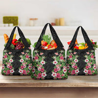 Hawaii Tropical Flowers Grocery Bag Black Polynesian Tattoo Art