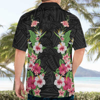 Hawaii Tropical Flowers Hawaiian Shirt Black Polynesian Tattoo Art