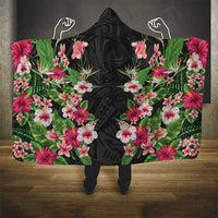 Hawaii Tropical Flowers Hooded Blanket Black Polynesian Tattoo Art