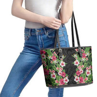 Hawaii Tropical Flowers Leather Tote Bag Black Polynesian Tattoo Art