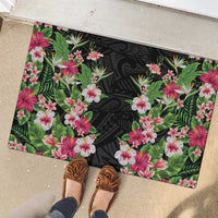 Hawaii Tropical Flowers Rubber Doormat Black Polynesian Tattoo Art