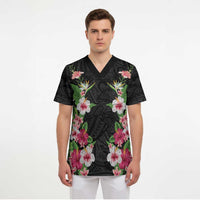 Hawaii Tropical Flowers Scrub Top Black Polynesian Tattoo Art