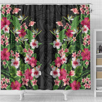 Hawaii Tropical Flowers Shower Curtain Black Polynesian Tattoo Art