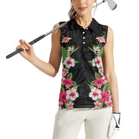 Hawaii Tropical Flowers Women Sleeveless Polo Shirt Black Polynesian Tattoo Art LT05 - Polynesian Pride