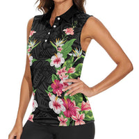Hawaii Tropical Flowers Women Sleeveless Polo Shirt Black Polynesian Tattoo Art LT05 - Polynesian Pride