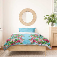 Hawaii Tropical Flowers Bedding Set Sky Blue Polynesian Tattoo Art