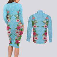 Hawaii Tropical Flowers Couples Matching Long Sleeve Bodycon Dress and Long Sleeve Button Shirt Sky Blue Polynesian Tattoo Art LT05 - Polynesian Pride