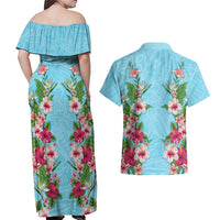 Hawaii Tropical Flowers Couples Matching Off Shoulder Maxi Dress and Hawaiian Shirt Sky Blue Polynesian Tattoo Art LT05 - Polynesian Pride
