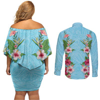 Hawaii Tropical Flowers Couples Matching Off Shoulder Short Dress and Long Sleeve Button Shirt Sky Blue Polynesian Tattoo Art LT05 - Polynesian Pride