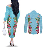 Hawaii Tropical Flowers Couples Matching Off The Shoulder Long Sleeve Dress and Long Sleeve Button Shirt Sky Blue Polynesian Tattoo Art LT05 - Polynesian Pride