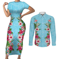 Hawaii Tropical Flowers Couples Matching Short Sleeve Bodycon Dress and Long Sleeve Button Shirt Sky Blue Polynesian Tattoo Art LT05 Blue - Polynesian Pride