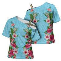 Hawaii Tropical Flowers Cross Shoulder Shirt Sky Blue Polynesian Tattoo Art