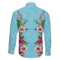 Hawaii Tropical Flowers Family Matching Long Sleeve Bodycon Dress and Hawaiian Shirt Sky Blue Polynesian Tattoo Art LT05 - Polynesian Pride