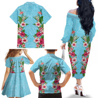 Hawaii Tropical Flowers Family Matching Off The Shoulder Long Sleeve Dress and Hawaiian Shirt Sky Blue Polynesian Tattoo Art LT05 - Polynesian Pride