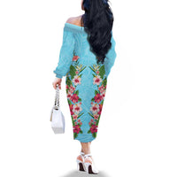 Hawaii Tropical Flowers Family Matching Off The Shoulder Long Sleeve Dress and Hawaiian Shirt Sky Blue Polynesian Tattoo Art LT05 - Polynesian Pride