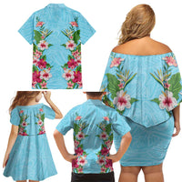 Hawaii Tropical Flowers Family Matching Off Shoulder Short Dress and Hawaiian Shirt Sky Blue Polynesian Tattoo Art LT05 - Polynesian Pride
