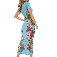 Hawaii Tropical Flowers Family Matching Short Sleeve Bodycon Dress and Hawaiian Shirt Sky Blue Polynesian Tattoo Art LT05 - Polynesian Pride