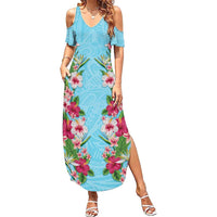 Hawaii Tropical Flowers Family Matching Summer Maxi Dress and Hawaiian Shirt Sky Blue Polynesian Tattoo Art LT05 Mom's Dress Blue - Polynesian Pride
