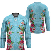 Hawaii Tropical Flowers Hockey Jersey Sky Blue Polynesian Tattoo Art
