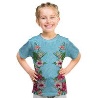 Hawaii Tropical Flowers Kid T Shirt Sky Blue Polynesian Tattoo Art