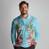 Hawaii Tropical Flowers Long Sleeve Polo Shirt Sky Blue Polynesian Tattoo Art