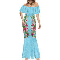 Hawaii Tropical Flowers Mermaid Dress Sky Blue Polynesian Tattoo Art