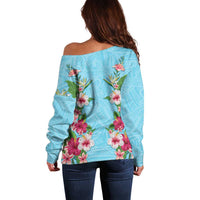 Hawaii Tropical Flowers Off Shoulder Sweater Sky Blue Polynesian Tattoo Art