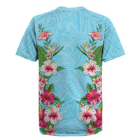 Hawaii Tropical Flowers Rugby Jersey Sky Blue Polynesian Tattoo Art